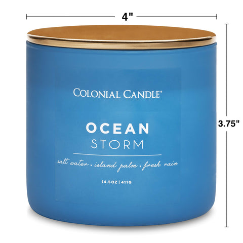 Colonial Candle Ocean Storm 3-wick burn creates a warm glow and even scent.