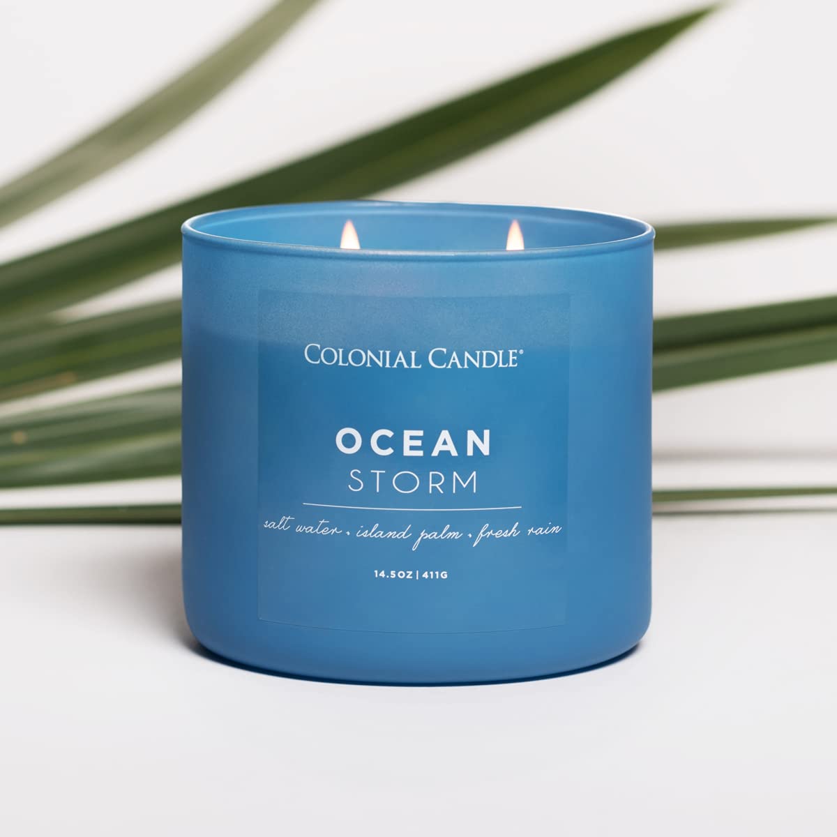 Colonial Candle Ocean Storm fragrance notes evoke saltwater, palm, and rain.