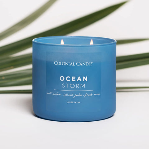 Colonial Candle Ocean Storm fragrance notes evoke saltwater, palm, and rain.