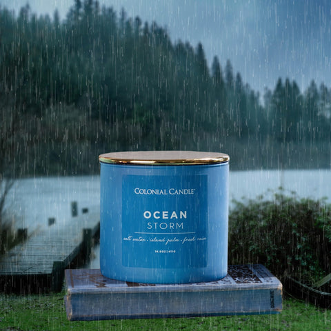Colonial Candle Ocean Storm gold lid elevates decor while adding a refreshing scent.