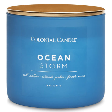 Colonial Candle Ocean Storm blue jar brings coastal ambiance to any room.