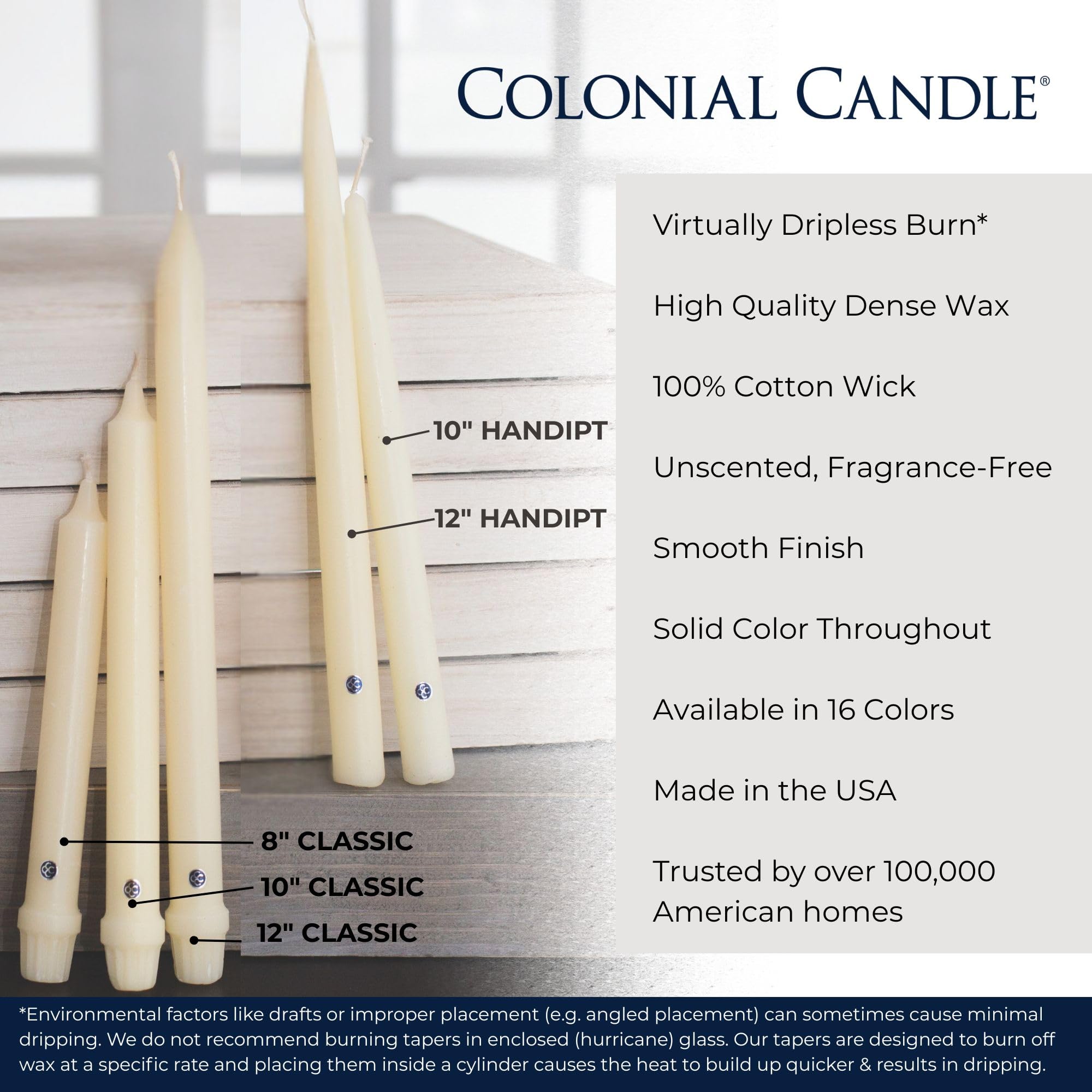 Colonial Candle Taper with cotton wick for clean, low-soot burn.