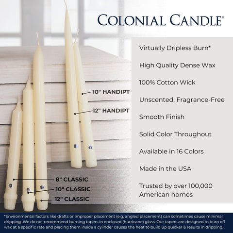 Colonial Candle Taper with cotton wick for clean, low-soot burn.