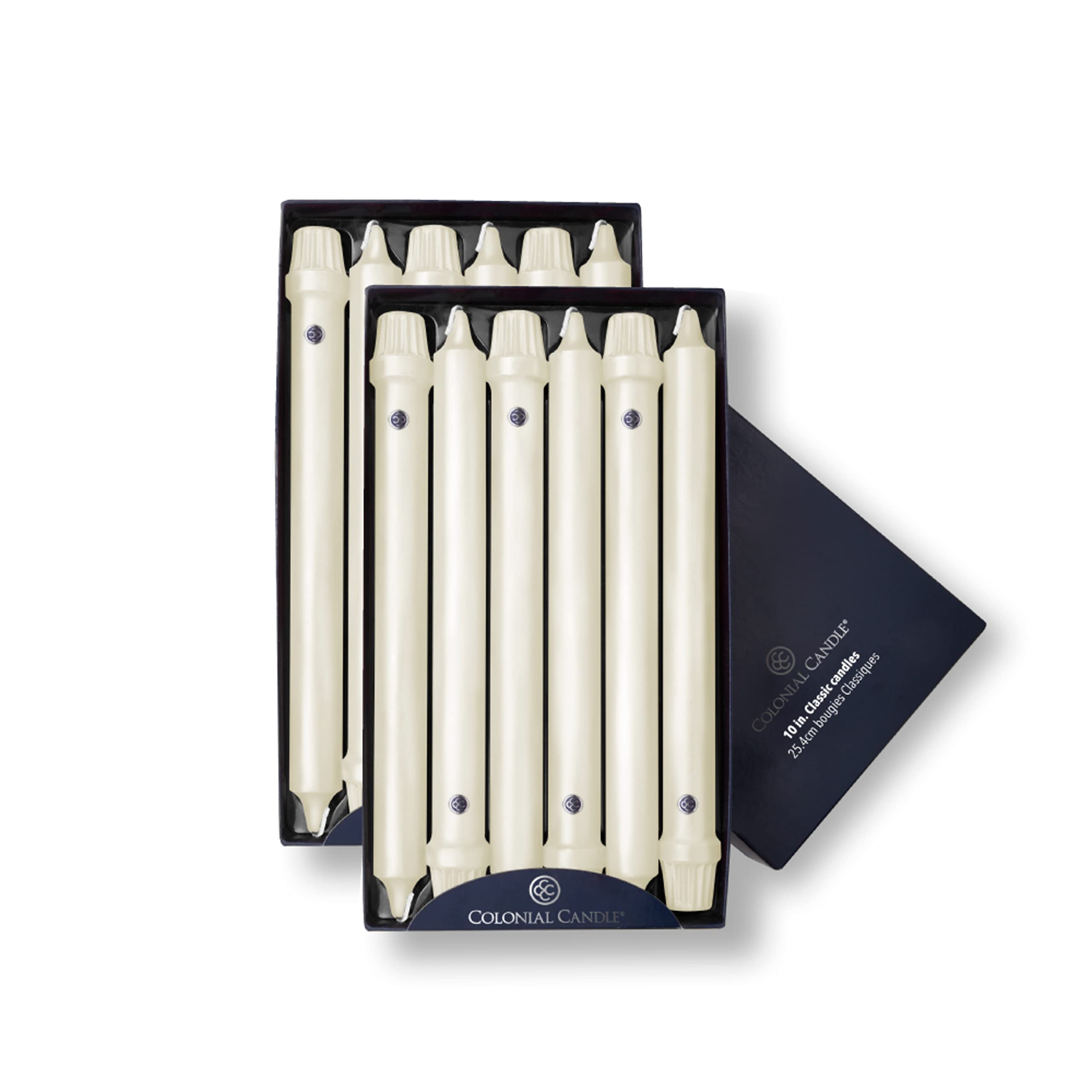 Colonial Candle Unscented Taper Ivory 10in pack for elegant table centerpieces.