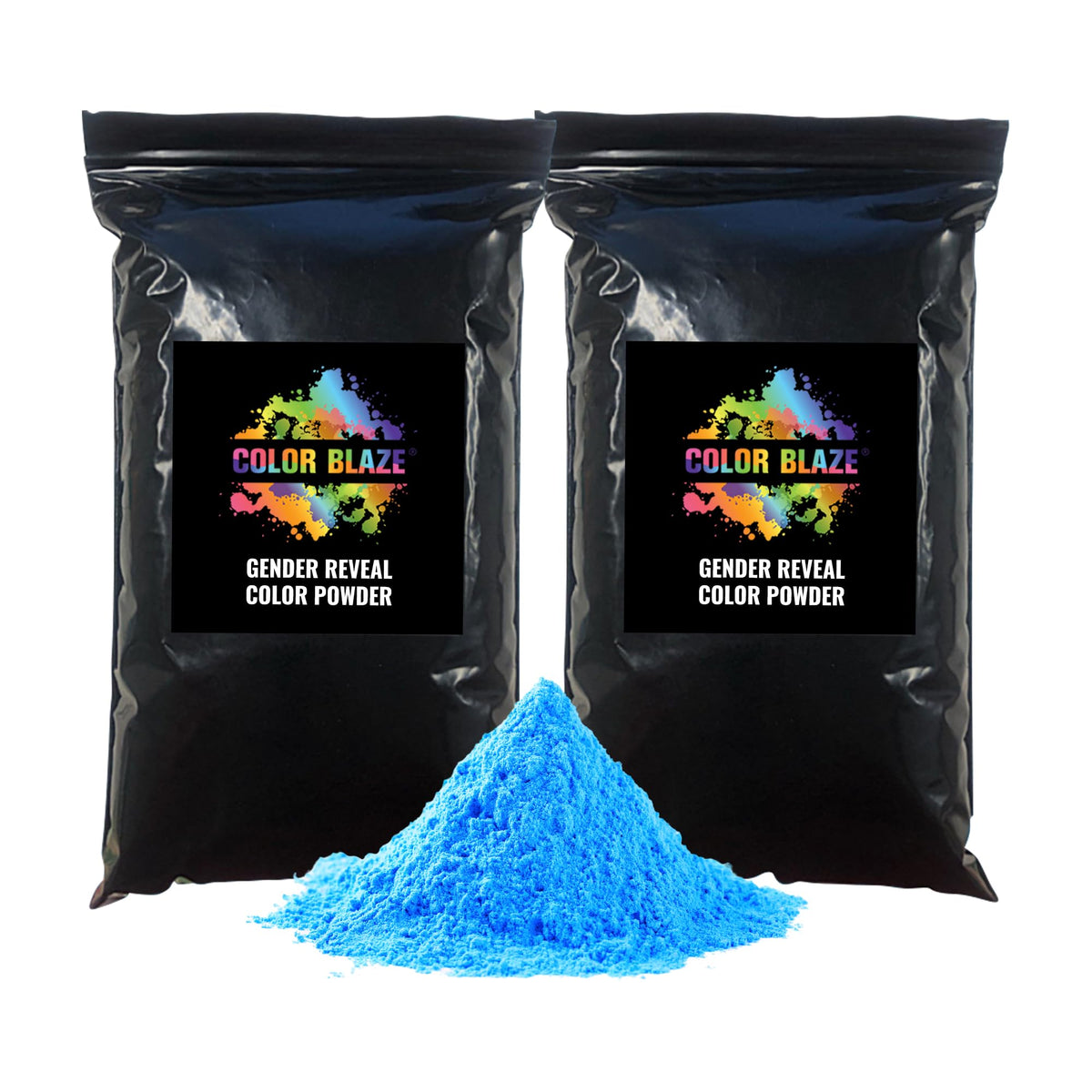 Color Blaze black-out packaging with blue powder for discreet gender reveal setup.