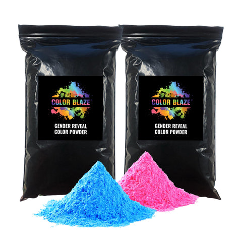 Color Blaze pink powder bag in discreet black-out packaging, perfect for gender reveal events.