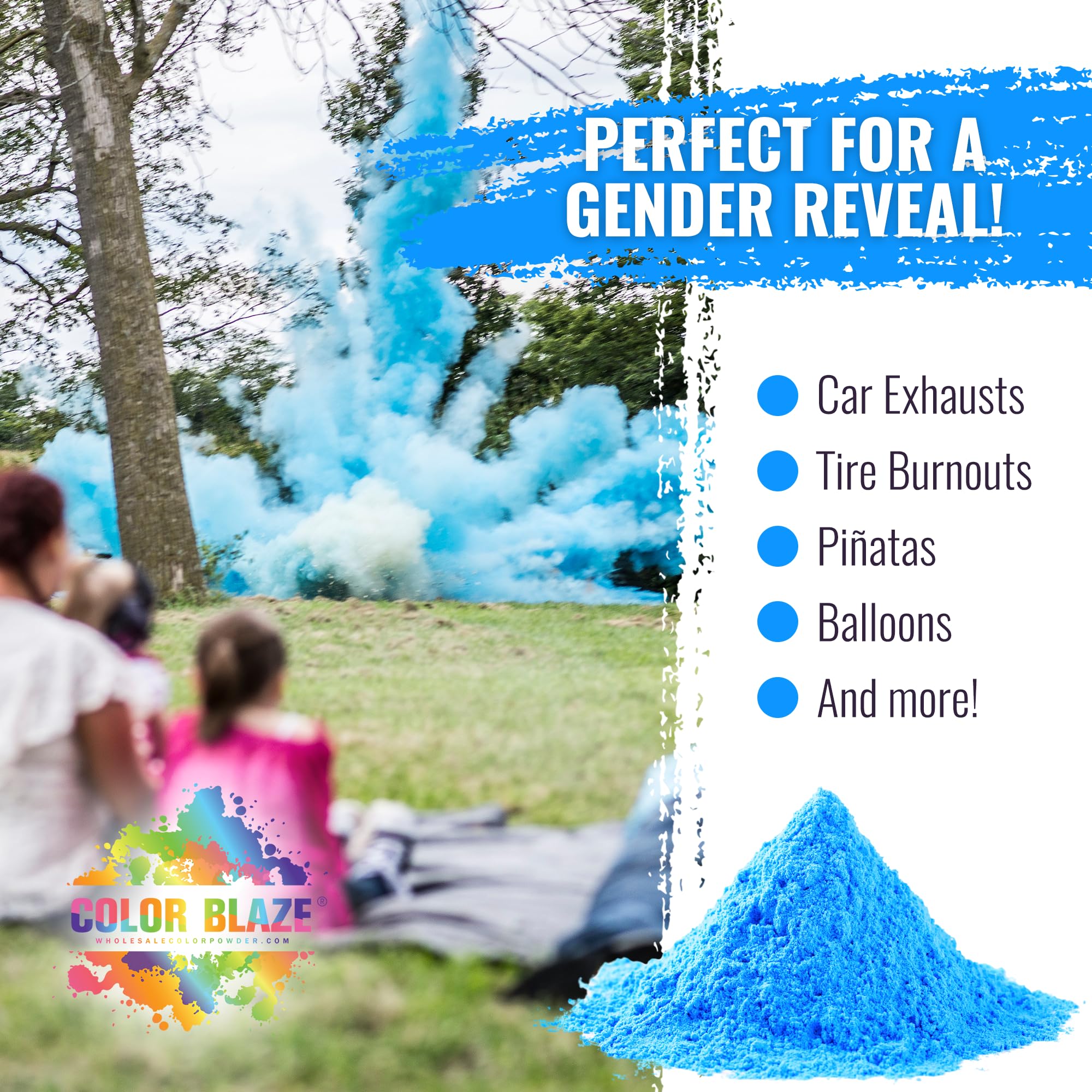Color Blaze Blue backyard party powder adding playful blue bursts.