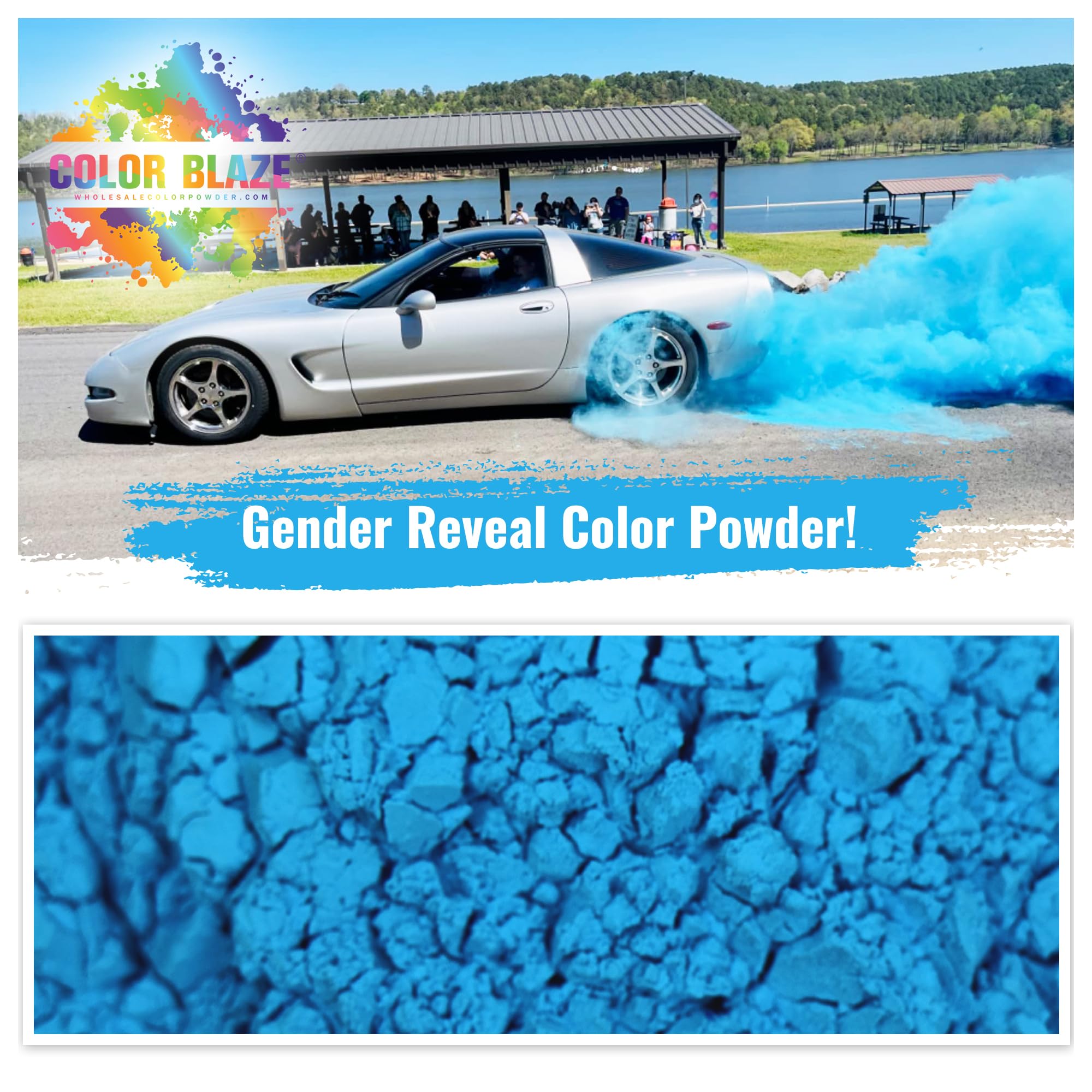 Color Blaze blue powder burst for dramatic gender reveal moment.