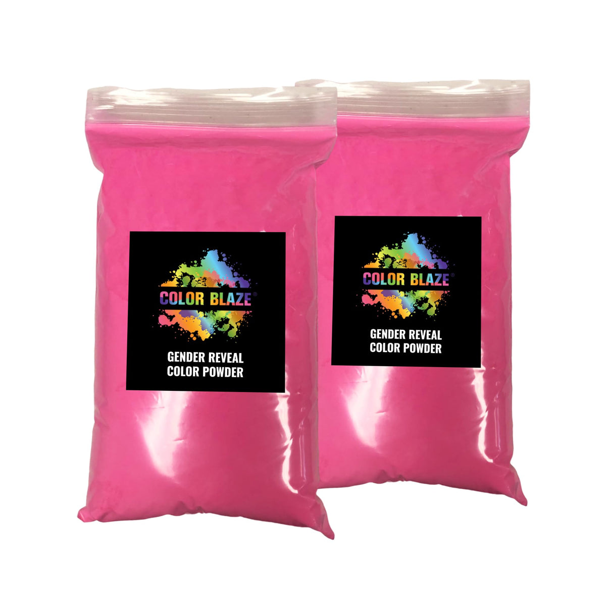 Color Blaze pink gender reveal powder in two 1-lb bags for vivid announcements.