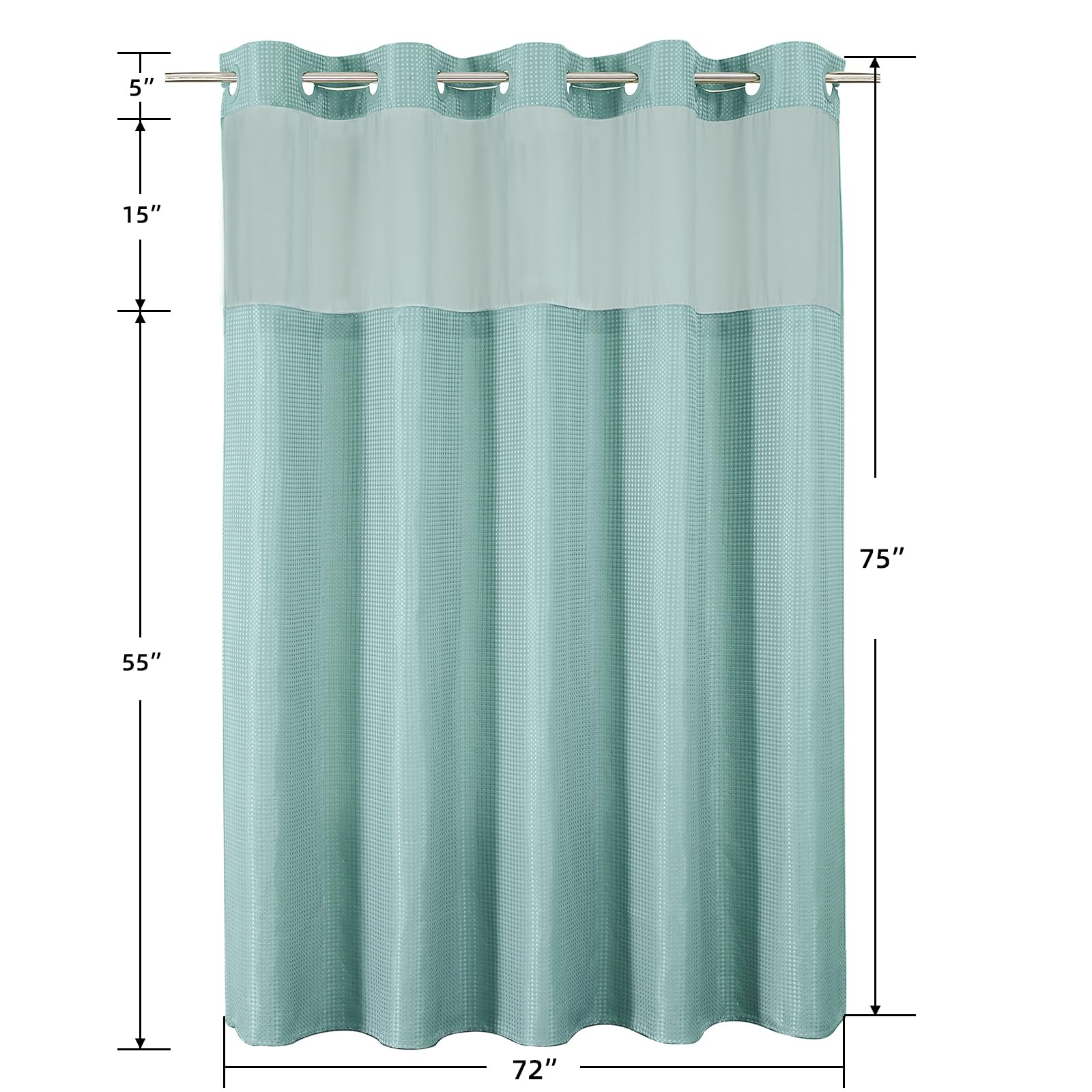Colorful Star teal curtain blends with modern bathroom decor.