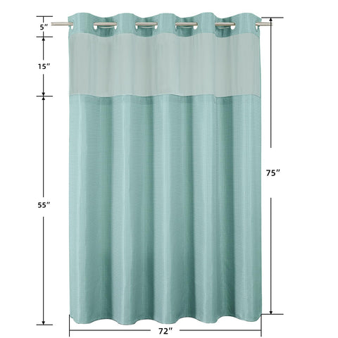 Colorful Star teal curtain blends with modern bathroom decor.