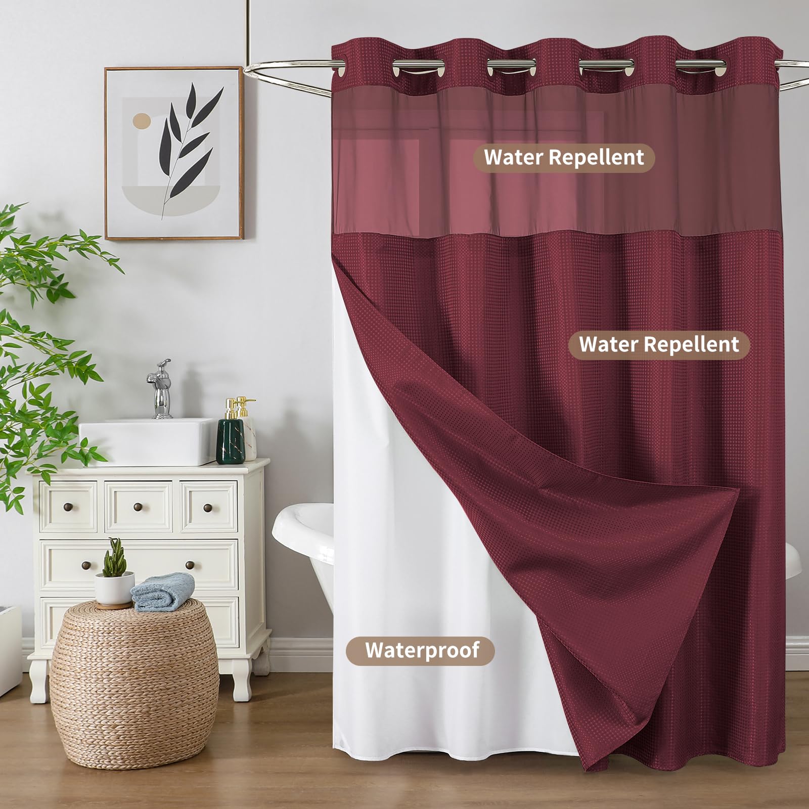 Colorful Star machine-washable curtain simplifies bathroom care and upkeep.