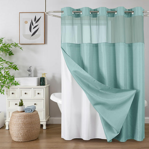 Colorful Star no-hook curtain in teal for easy installation.