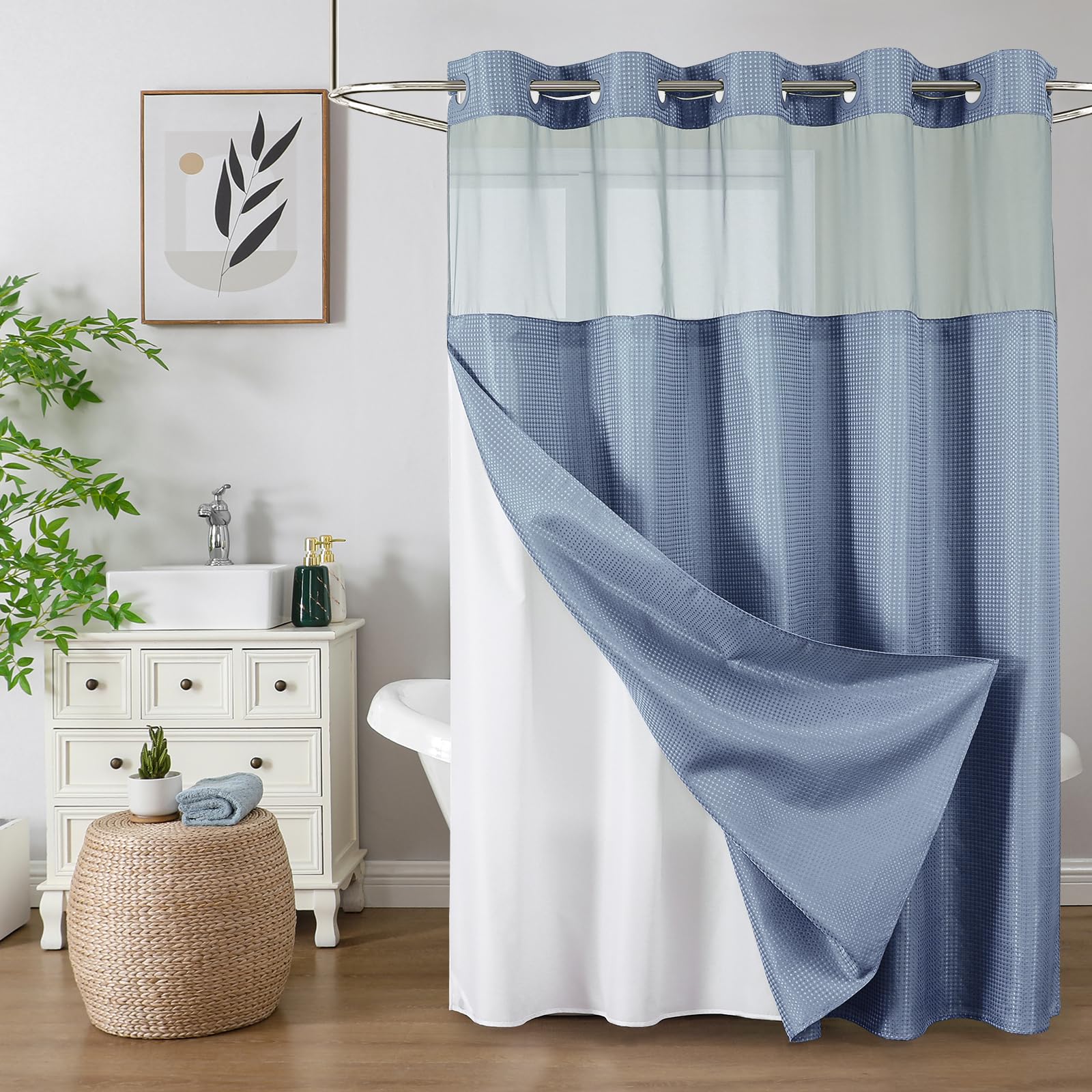 Colorful Star no-hook shower curtain with mesh window provides light and privacy.
