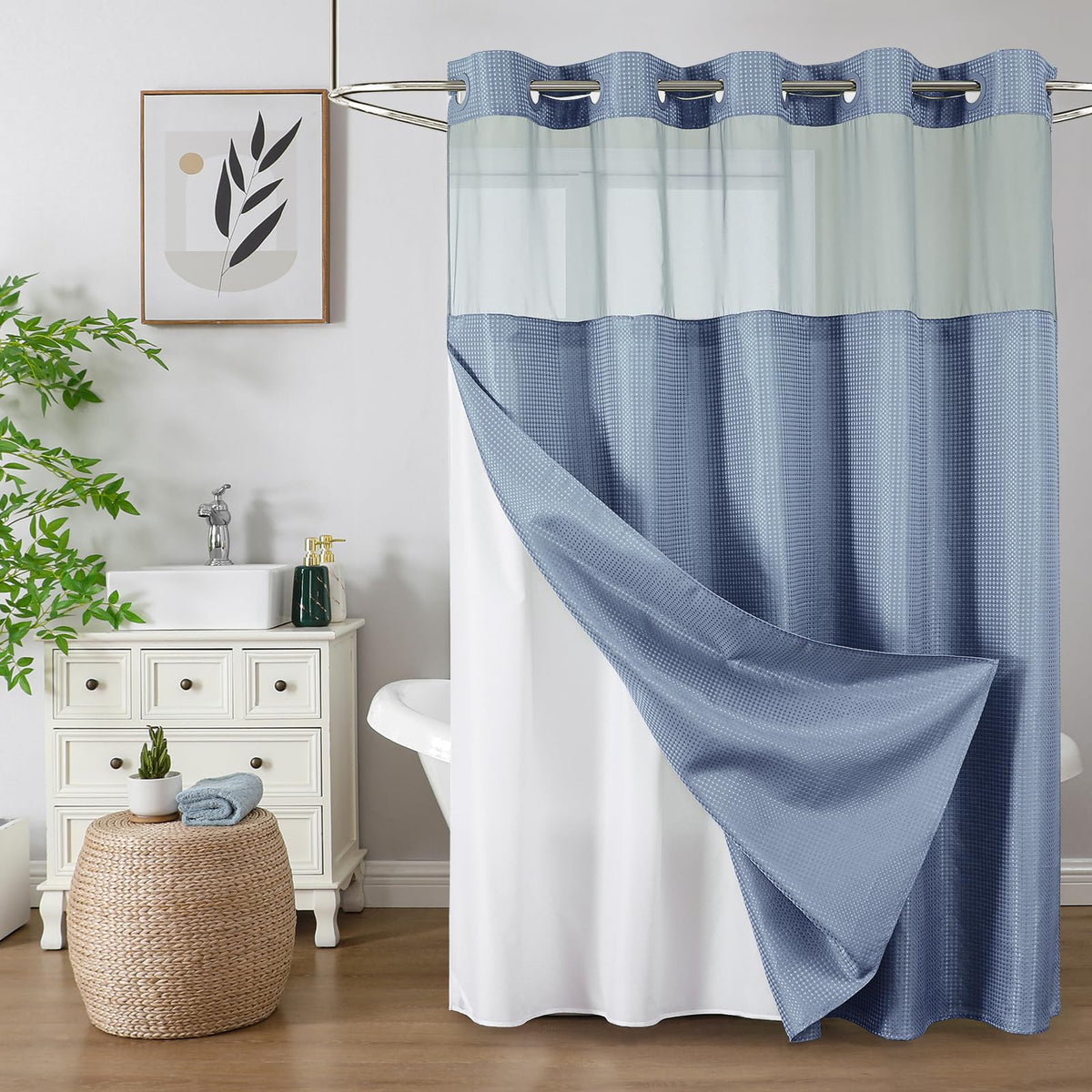 Colorful Star no-hook shower curtain with mesh window provides light and privacy.