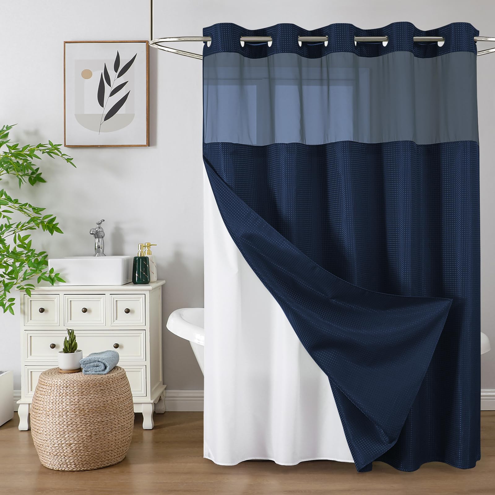 Colorful Star no-hook navy shower curtain, front view, hotel-style durability.