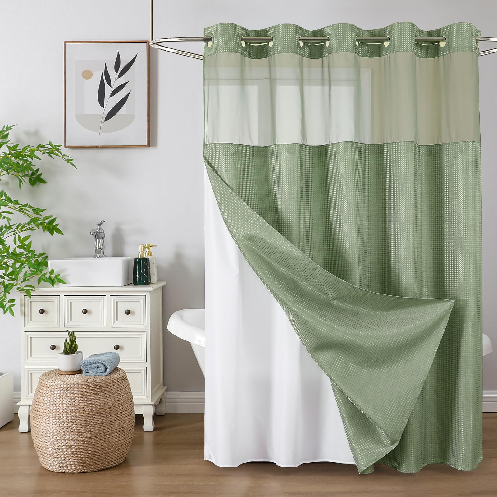 Colorful Star no-hook shower curtain in sage-green with waffle weave for elegant privacy.