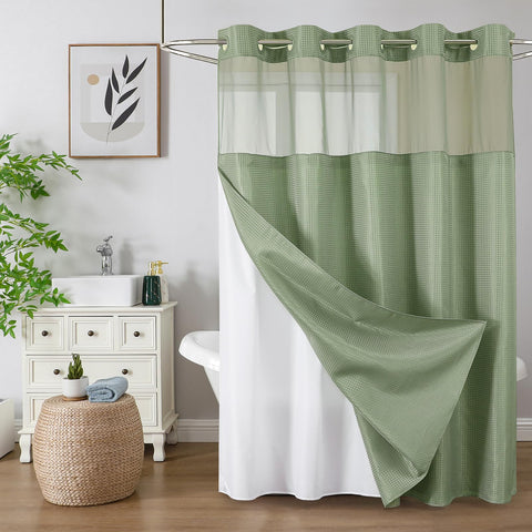 Colorful Star no-hook shower curtain in sage-green with waffle weave for elegant privacy.