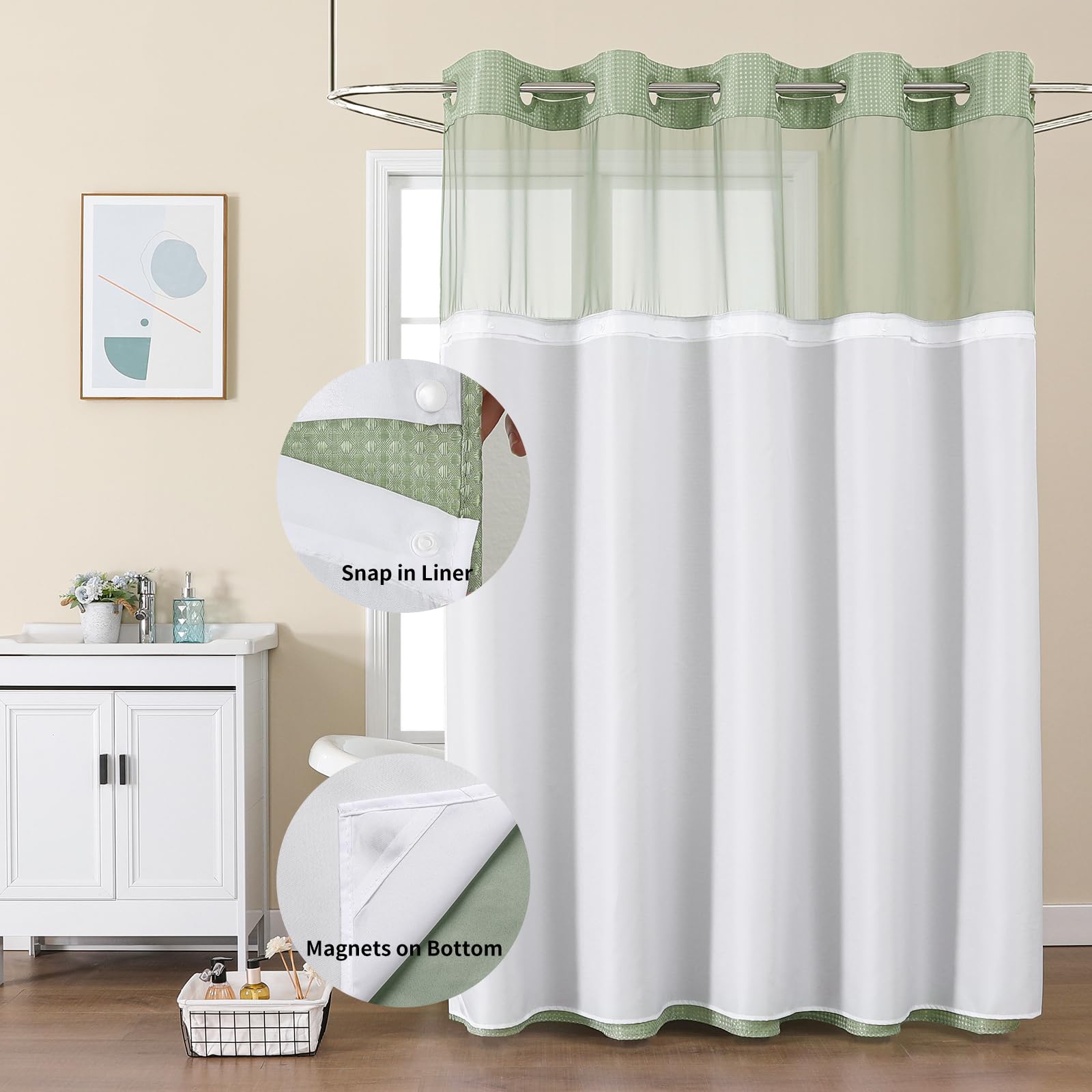 Colorful Star no-hook curtain with snap-in liner for quick, secure installation.
