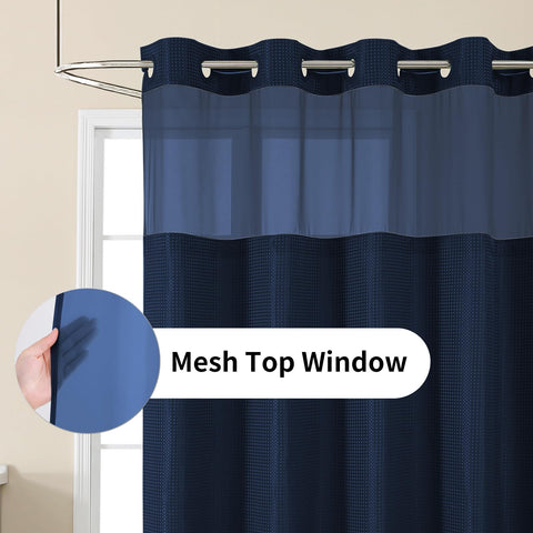 Colorful Star no-hook shower curtain snap-in liner demonstrates quick setup.