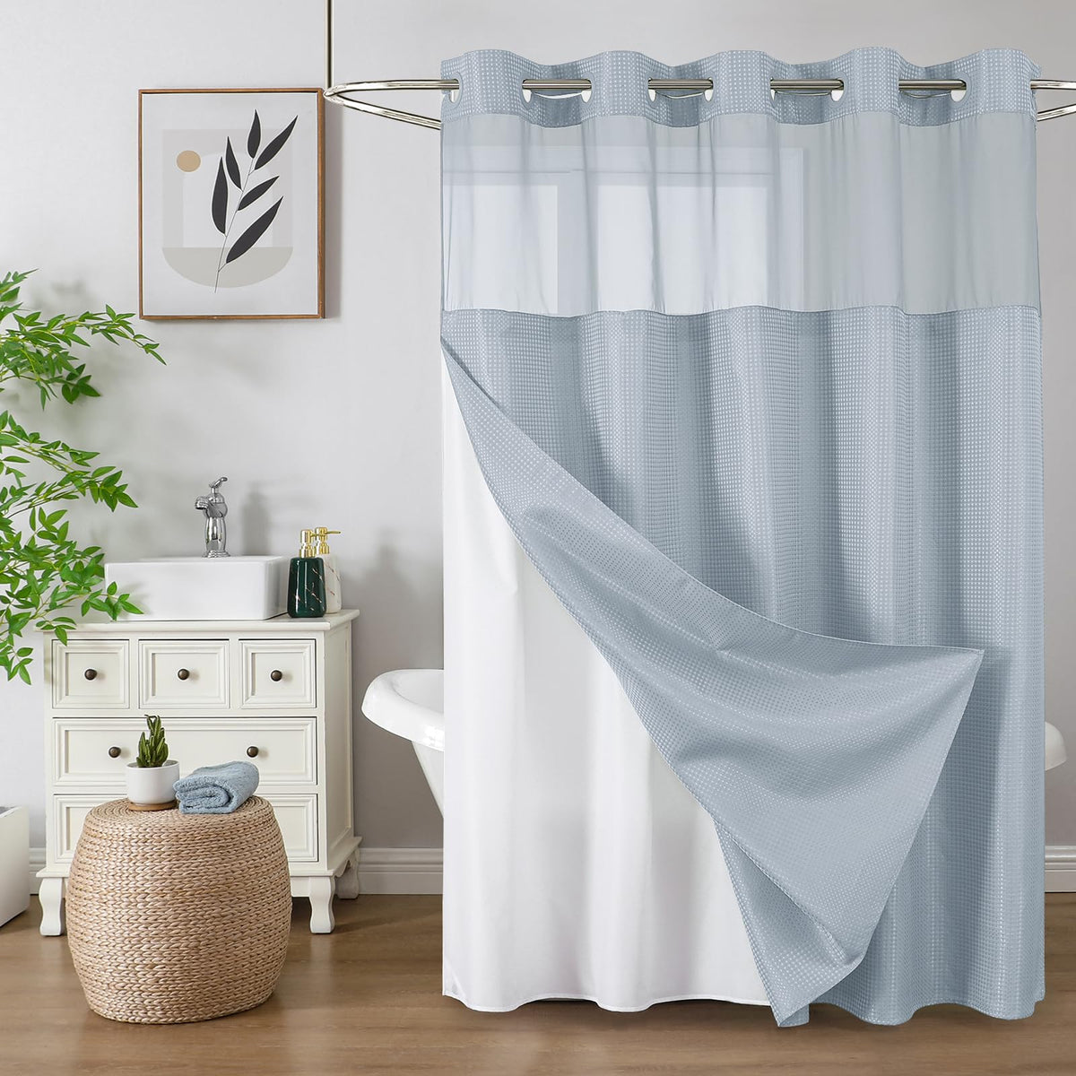 Colorful Star no-hook shower curtain with snap-in liner, easy installation