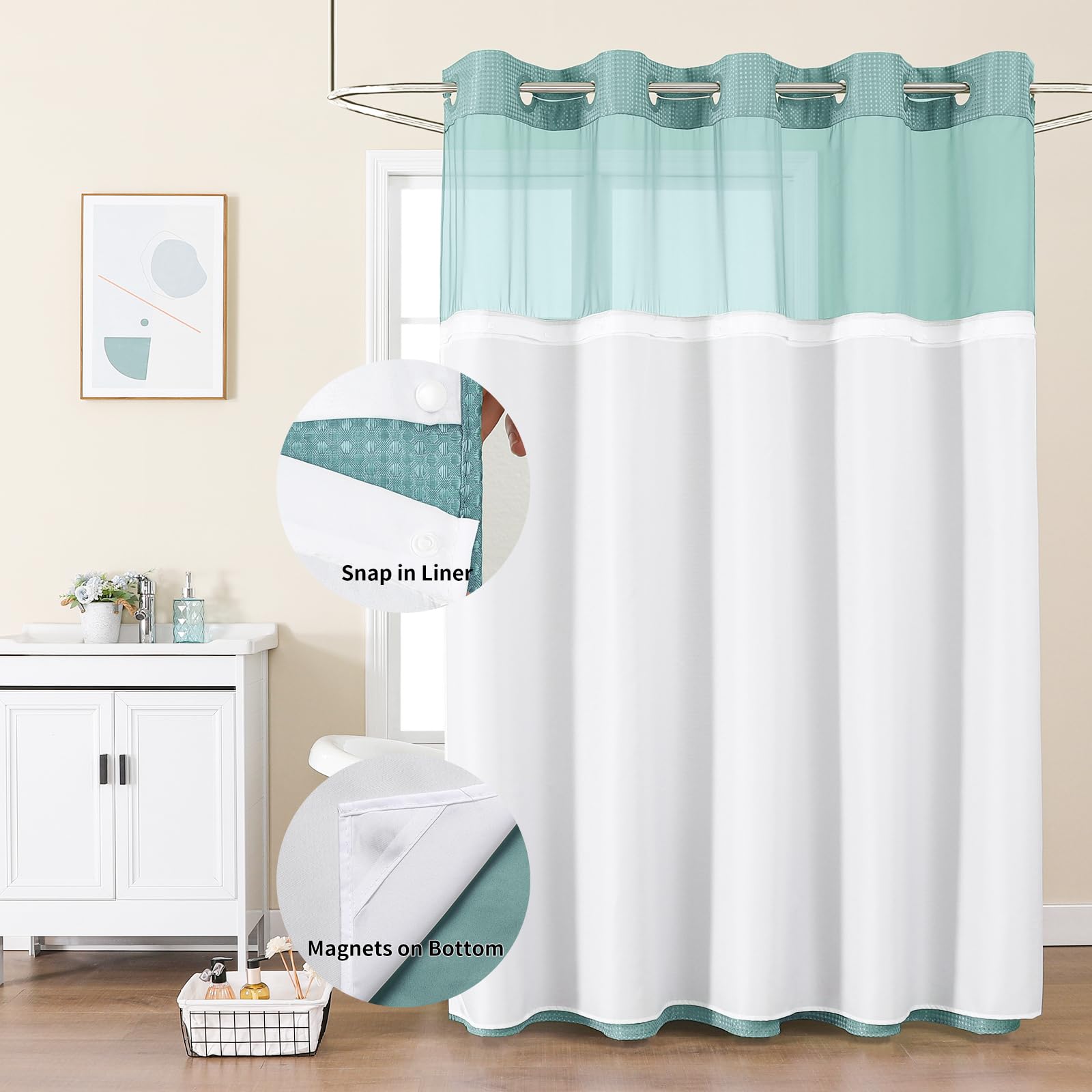 Colorful Star teal curtain with snap-in liner for added privacy.
