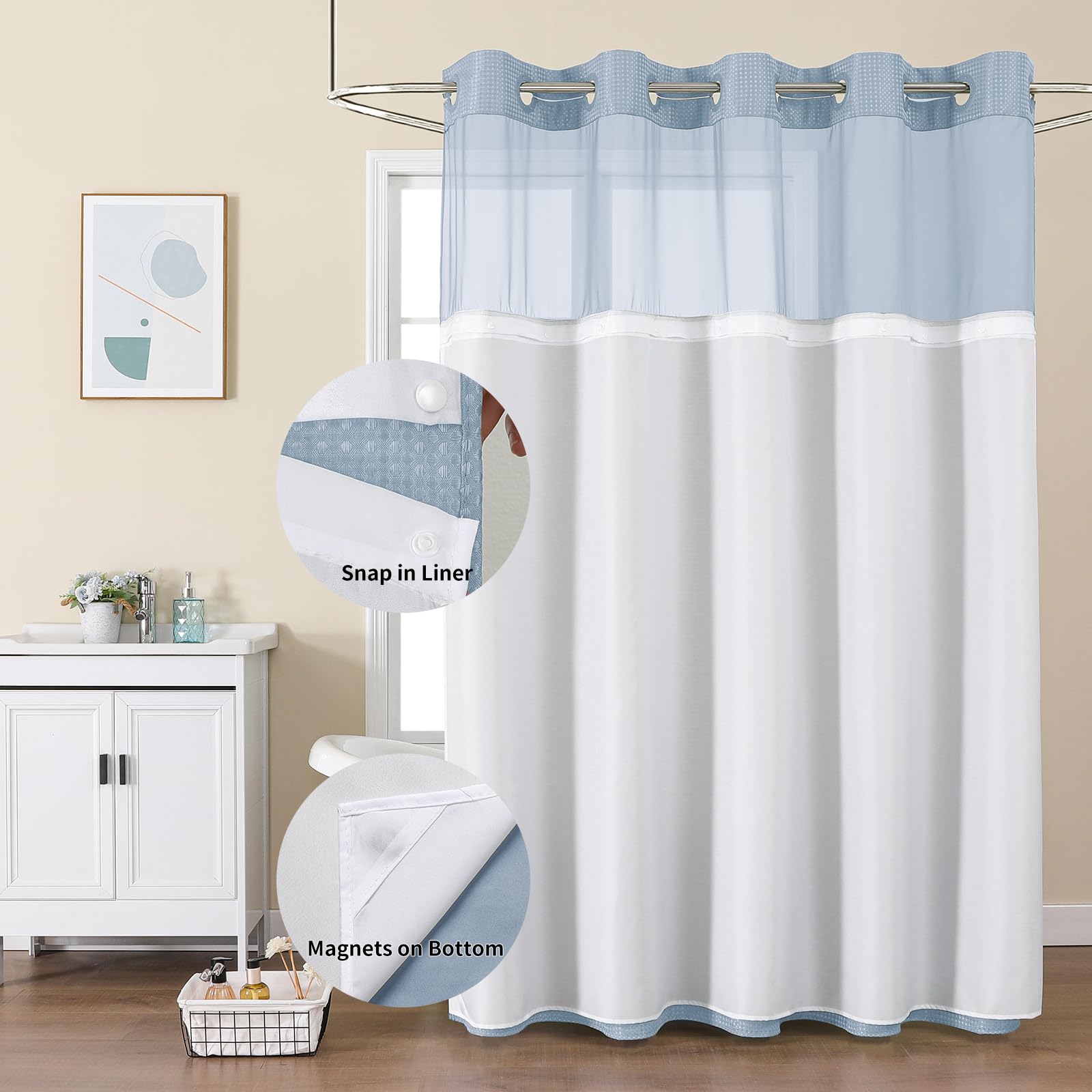 Colorful Star snap-in fabric liner shown with shower curtain