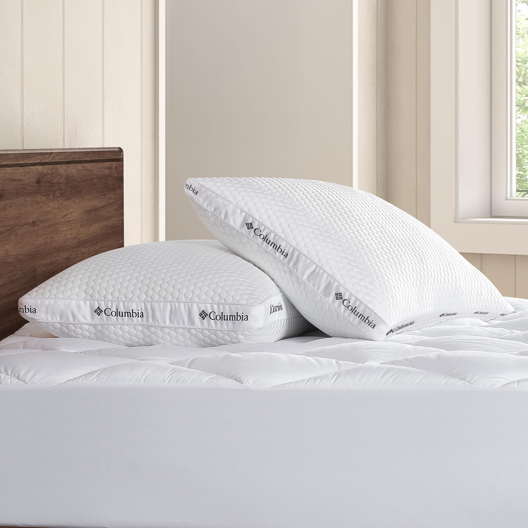 Columbia machine-washable standard queen pillow for easy care.