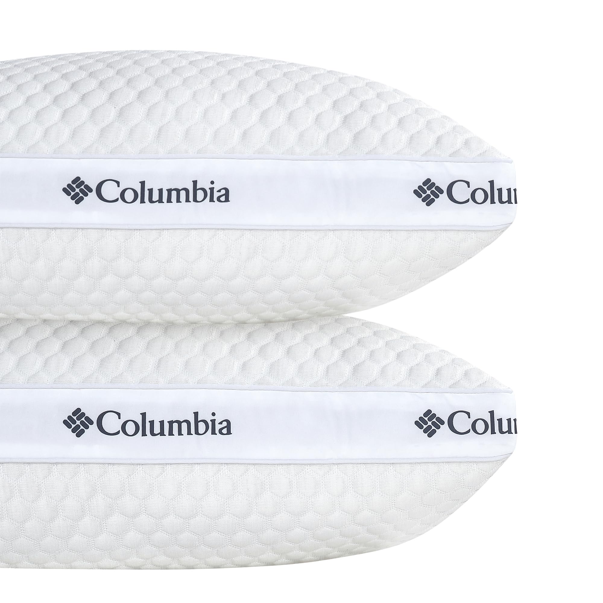 Columbia side sleeper pillow with fiberfill provides medium-firm neck support.