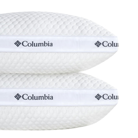 Columbia side sleeper pillow with fiberfill provides medium-firm neck support.