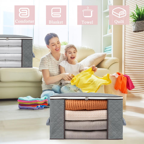 Combocube grey-4pc-set provides cohesive storage for bedding and clothing.