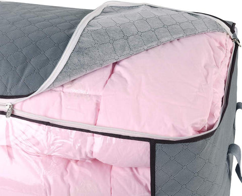 Combocube large-capacity bag holds bulky bedding for easy closet organization.