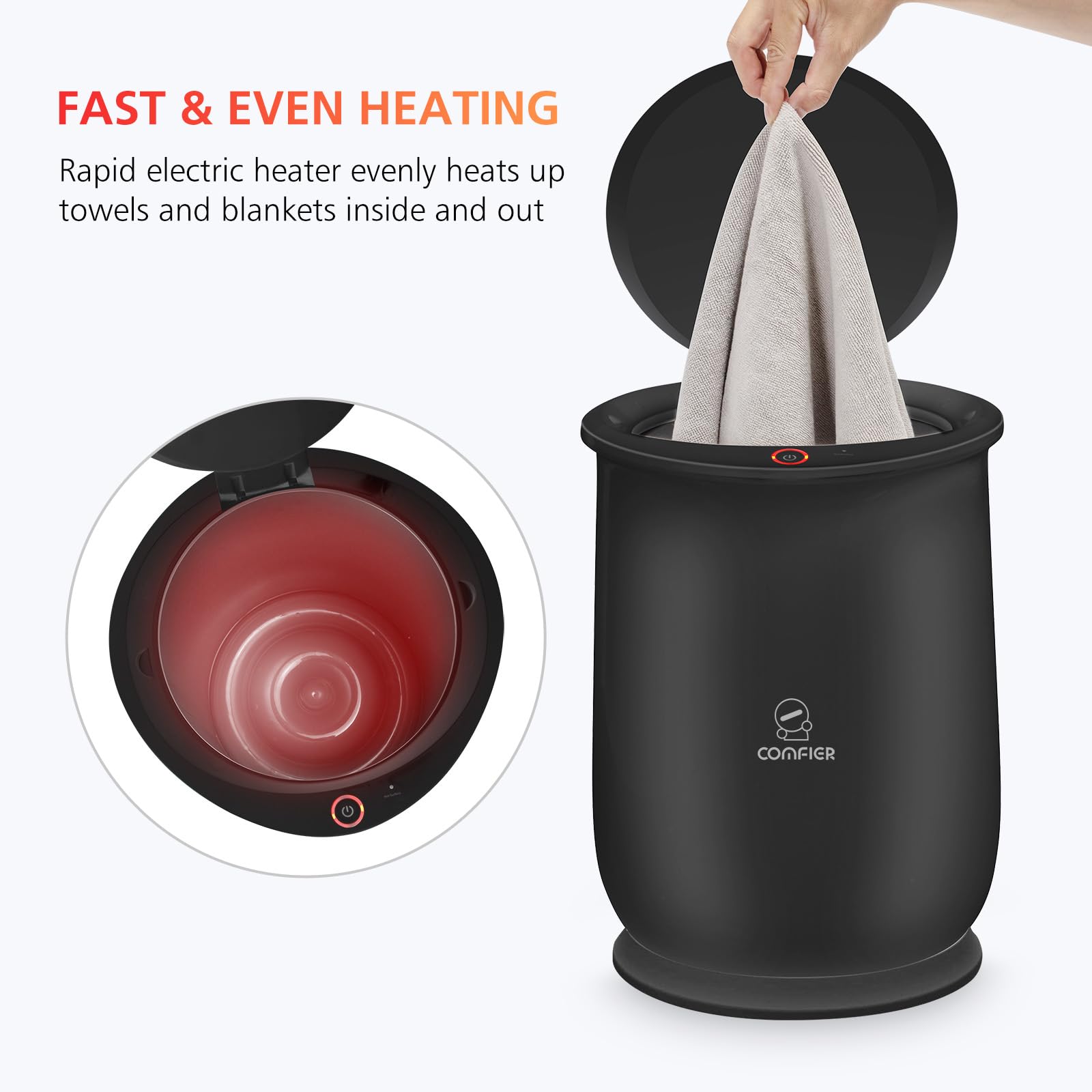 COMFIER towel warmer rapid heat 1 minute shows fast warm towels after a shower.