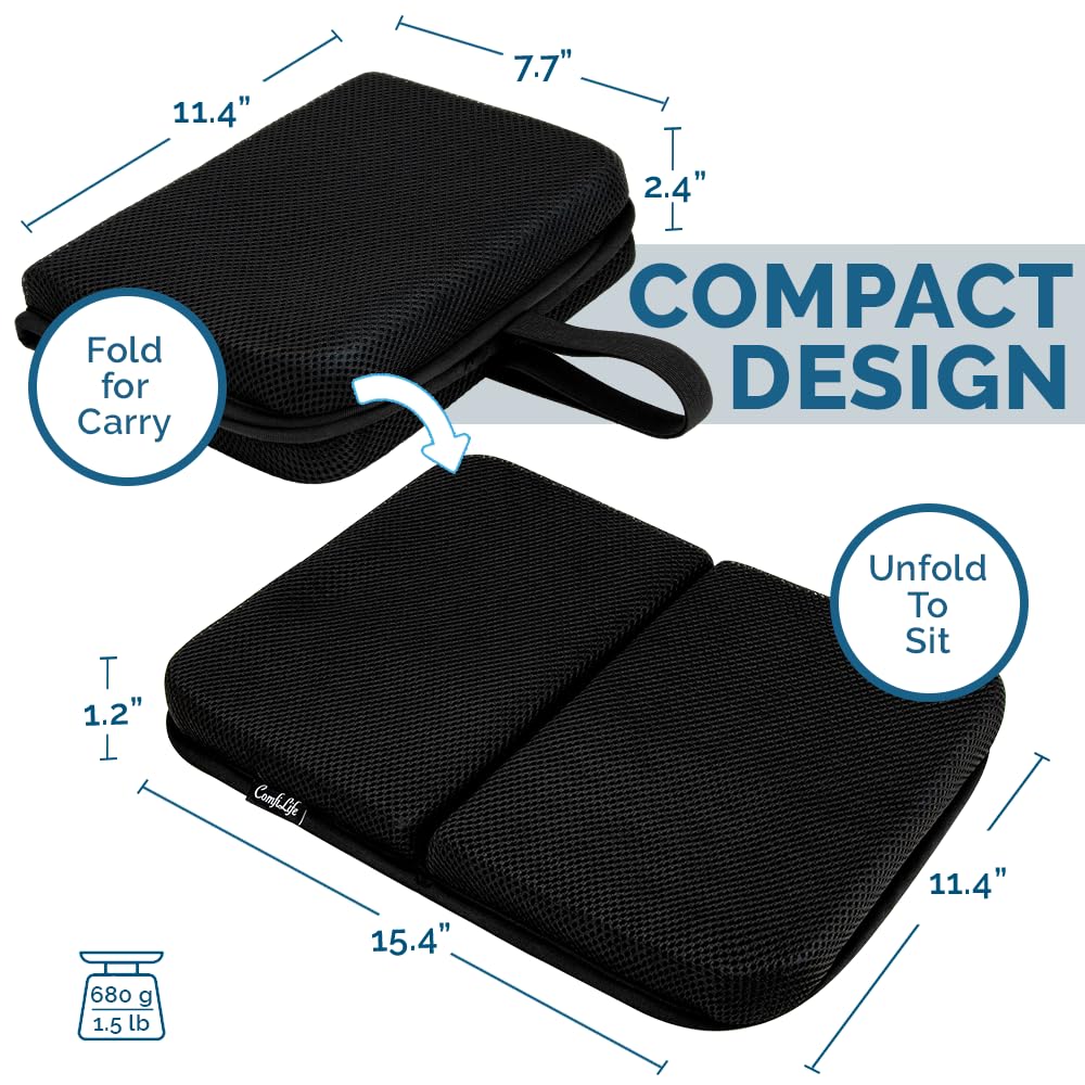ComfiLife Ergo-Gel Airplane Seat Cushion attached to a carry-on with its elastic wrap.