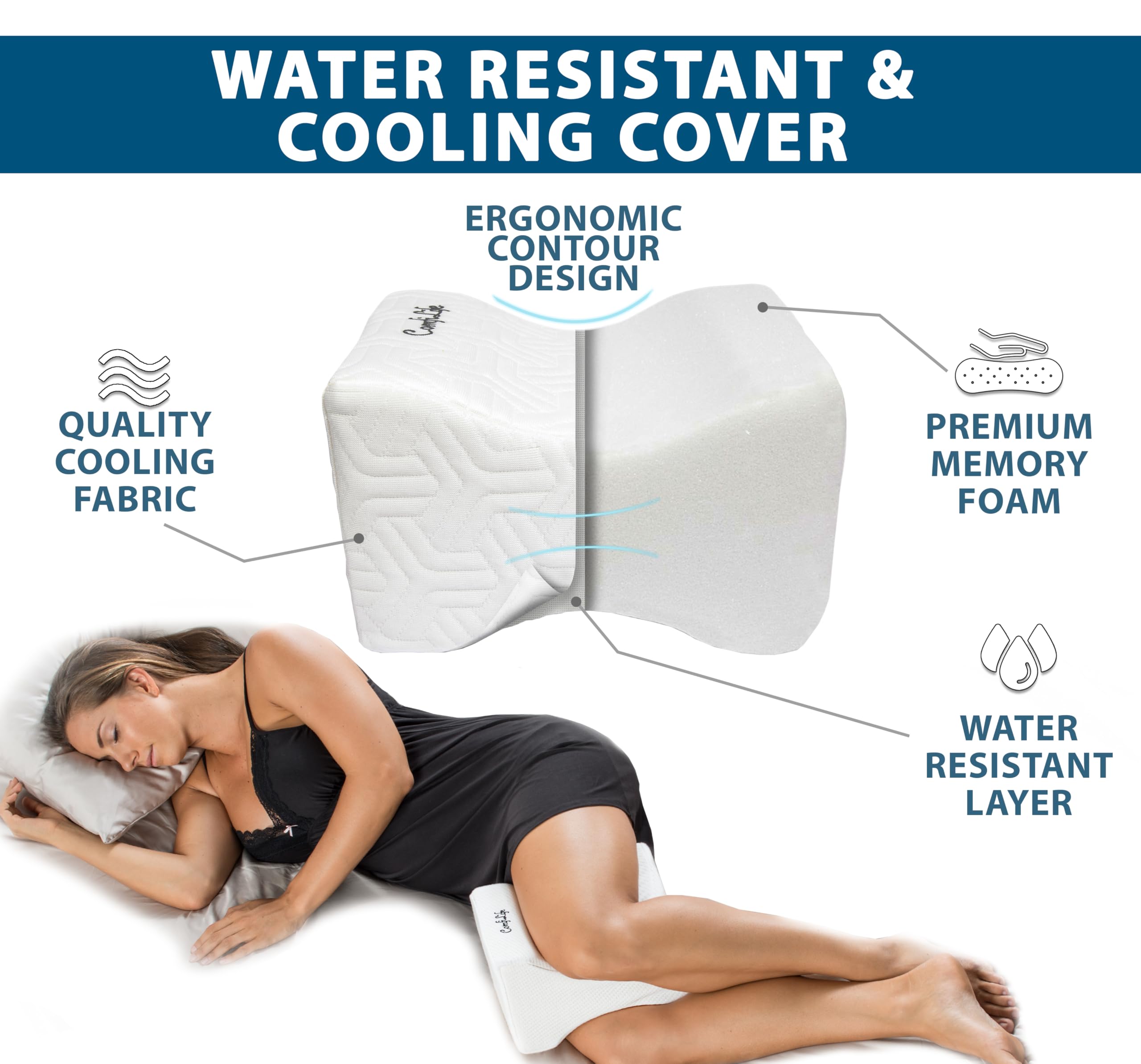 Removable waterproof cover on the ComfiLife knee pillow for easy cleaning