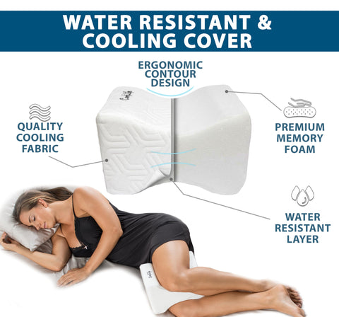 Removable waterproof cover on the ComfiLife knee pillow for easy cleaning