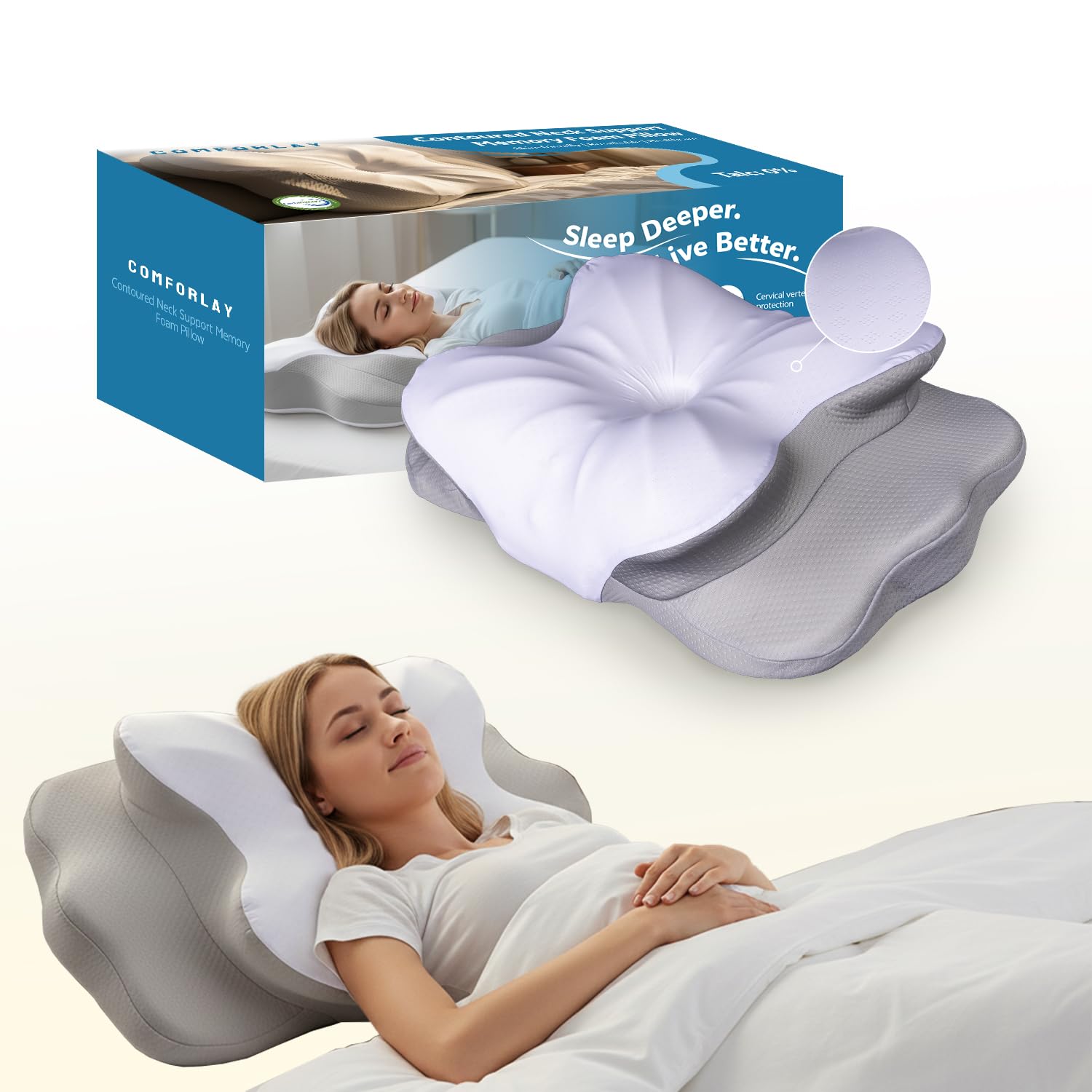 COMFORLAY butterfly ergonomic pillow with neck support for all sleep styles.