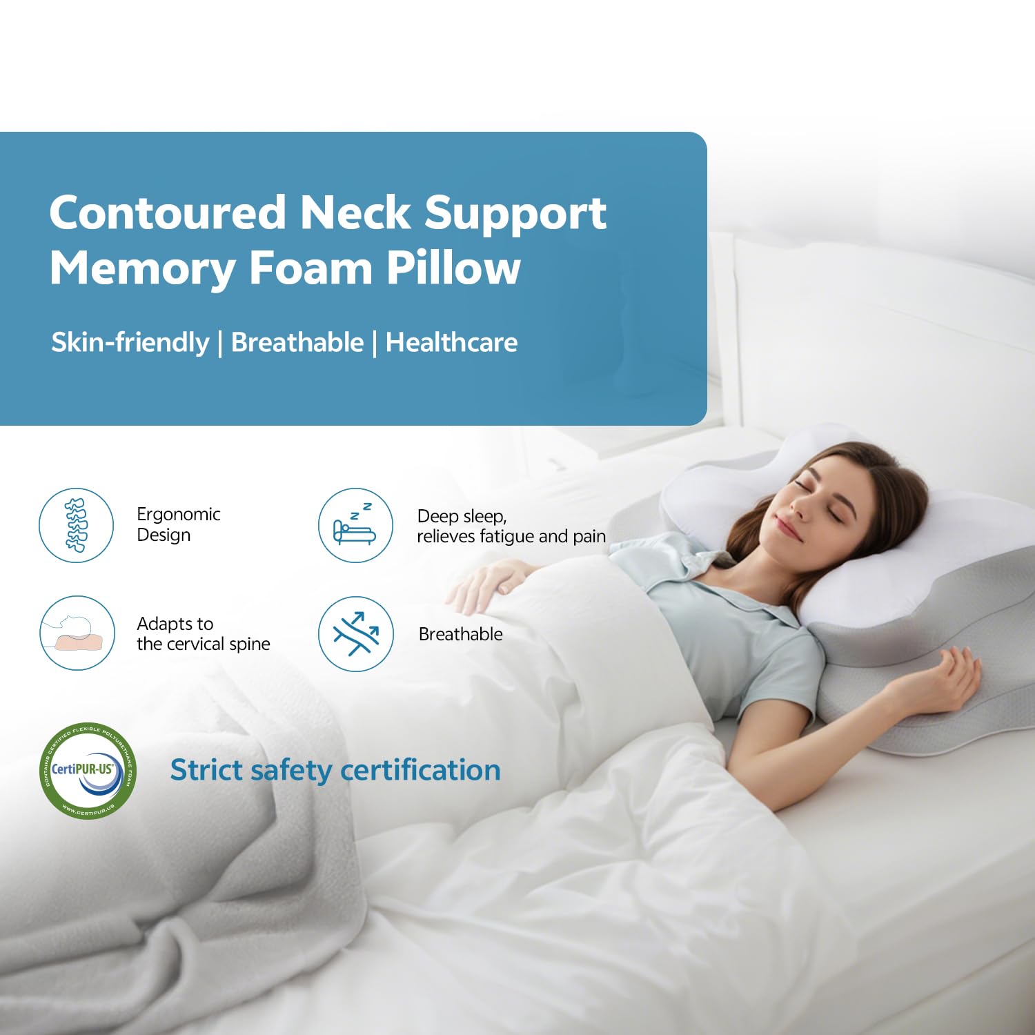 COMFORLAY slow-rebound memory foam contours to neck and shoulders for comfort.