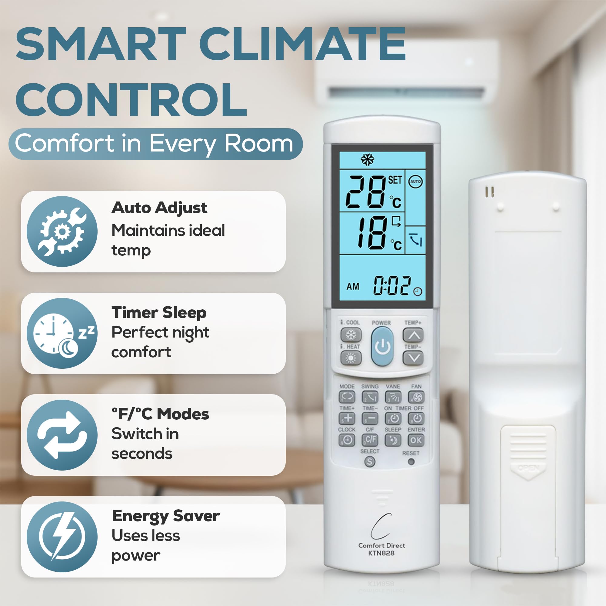 Comfort Direct KTN828 remote display lit for easy reading in any room