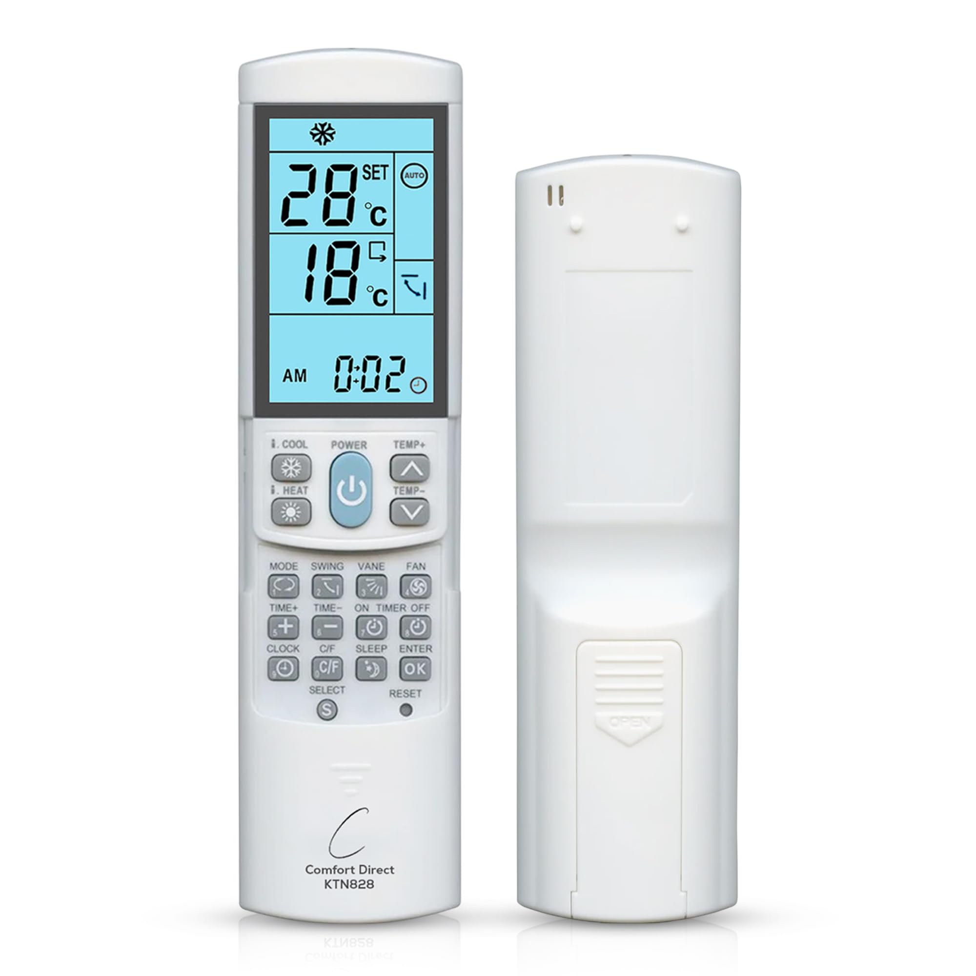 Comfort Direct KTN828 remote front view with backlit display for night readability