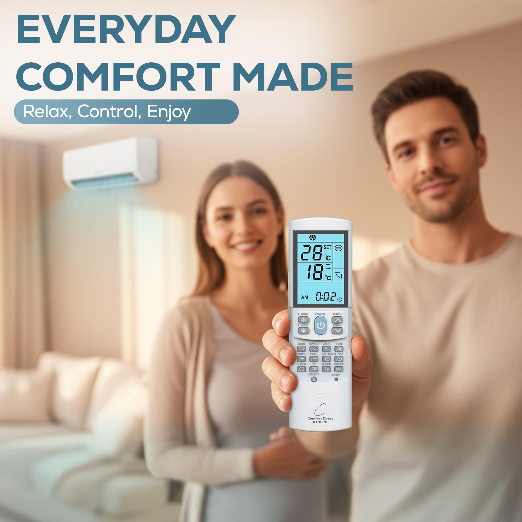 Comfort Direct KTN828 remote in use demonstrating universal compatibility