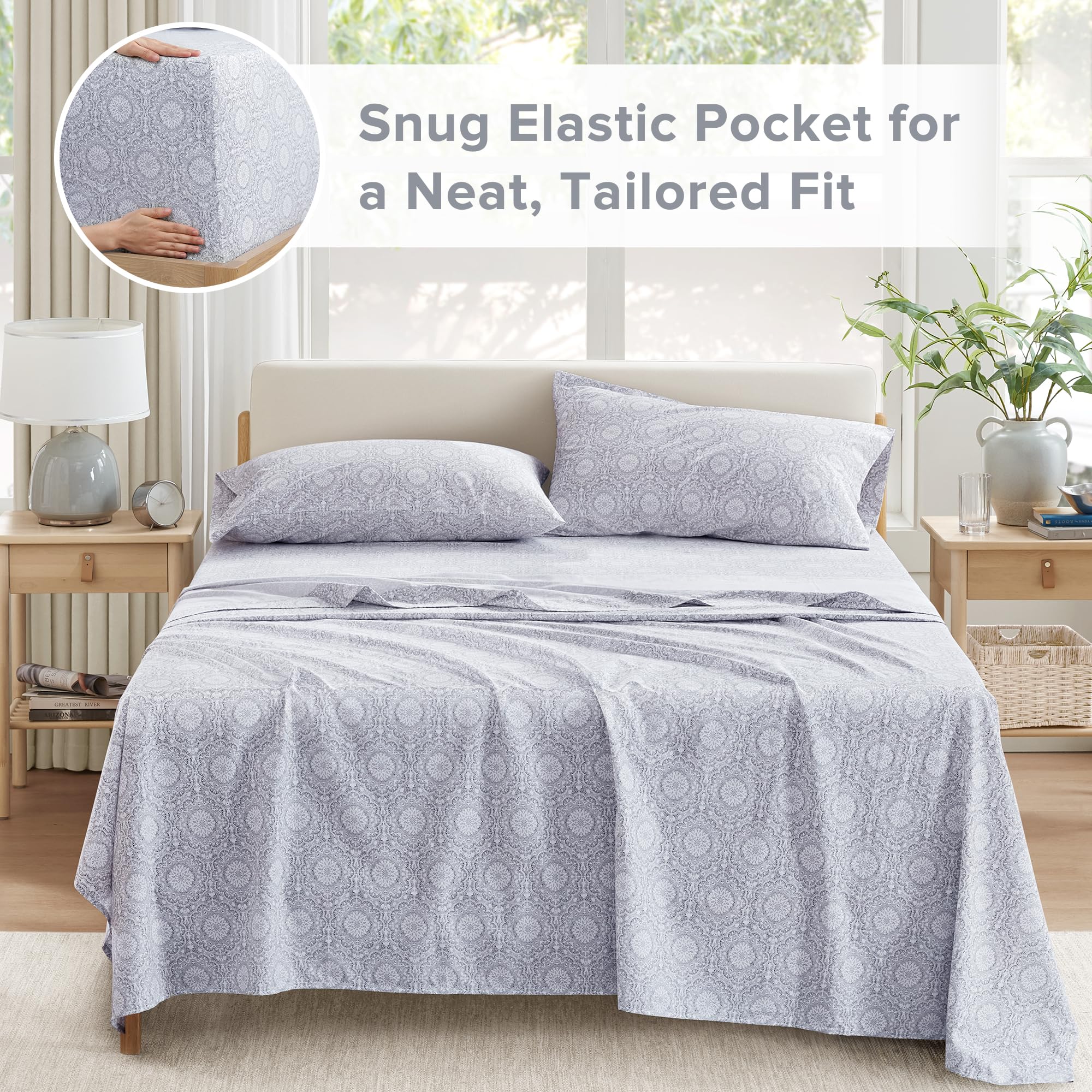Deep-pocket feature on Comfort Spaces Adelia Gray sheet set keeps sheets in place