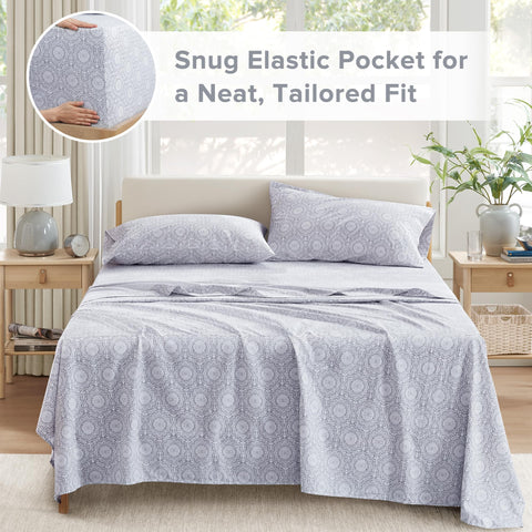 Deep-pocket feature on Comfort Spaces Adelia Gray sheet set keeps sheets in place