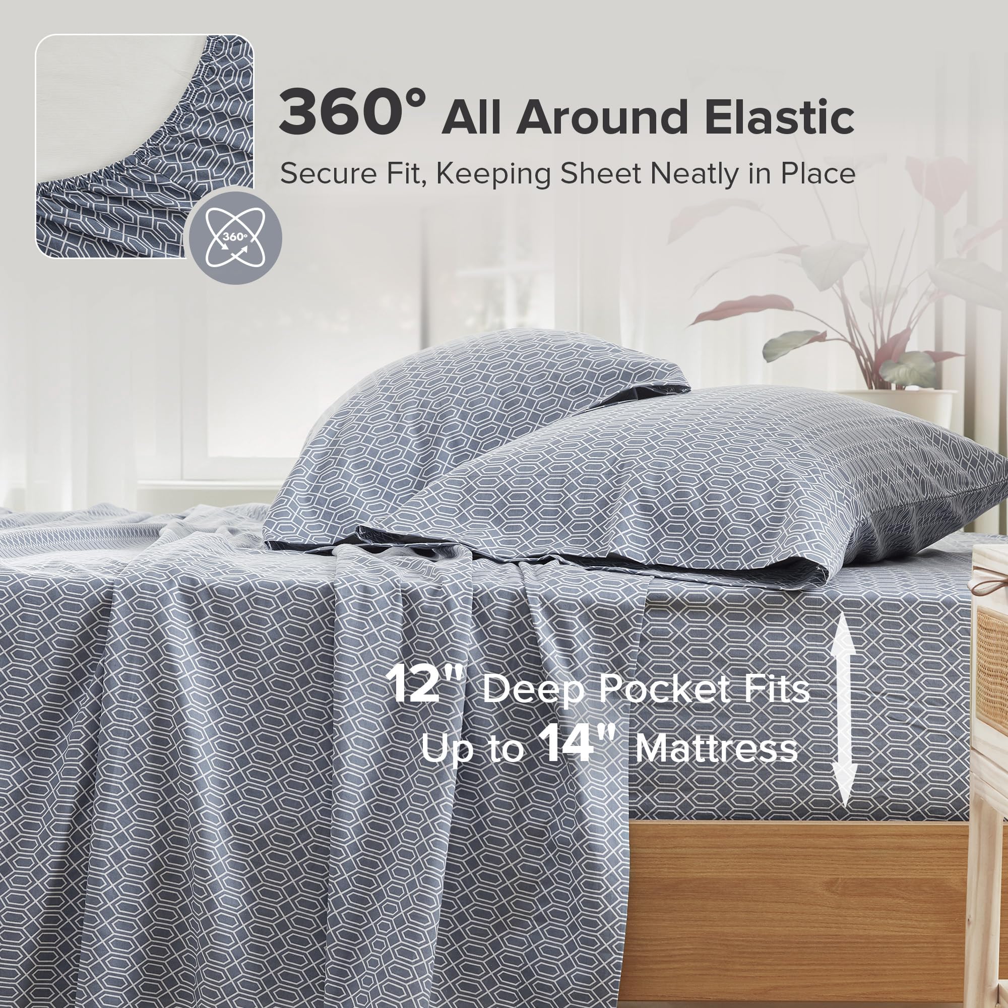 Comfort Spaces Diamond Blue fitted sheet with a 16-inch equivalent pocket for secure fit