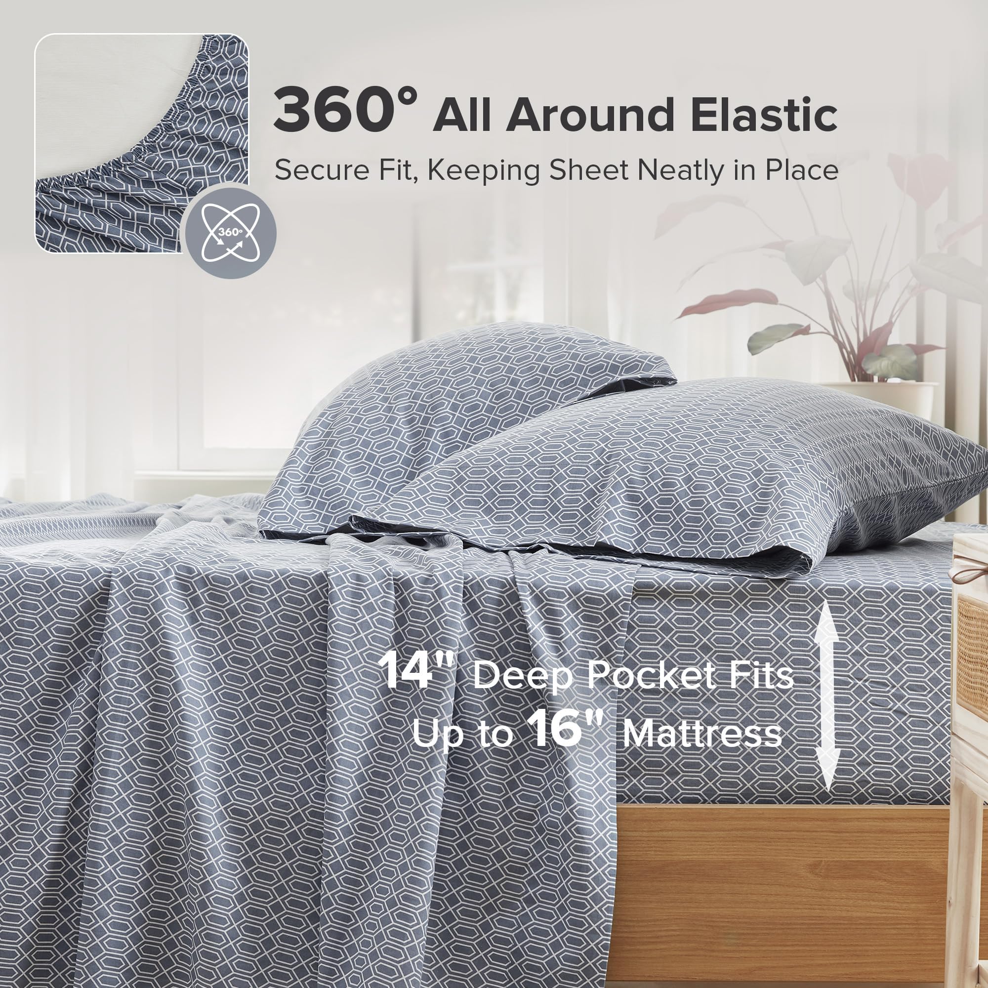 Comfort Spaces Diamond Blue fitted sheet with 14 inch pocket for up to 16 inch mattresses.