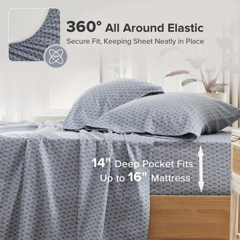Comfort Spaces Diamond Blue fitted sheet with 14 inch pocket for up to 16 inch mattresses.