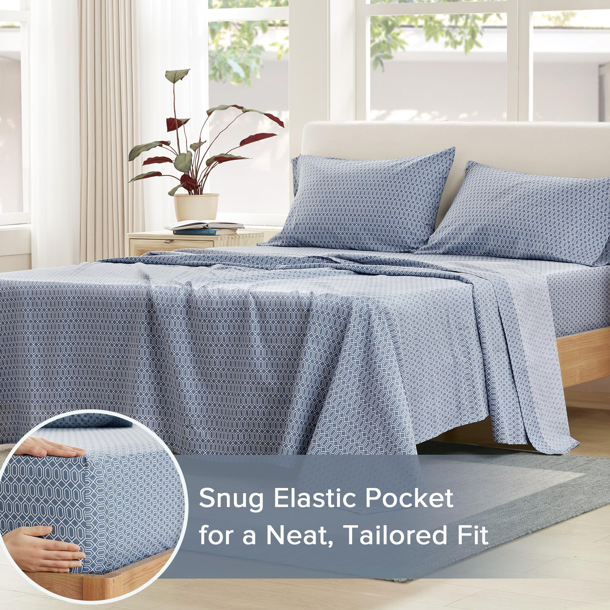 Packaging image for Comfort Spaces Diamond Blue sheet set, gift-ready presentation