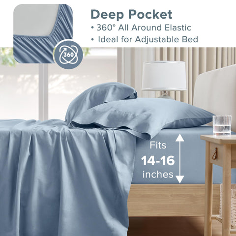 Full bed with blue Comfort Spaces sheet set delivering year-round comfort.