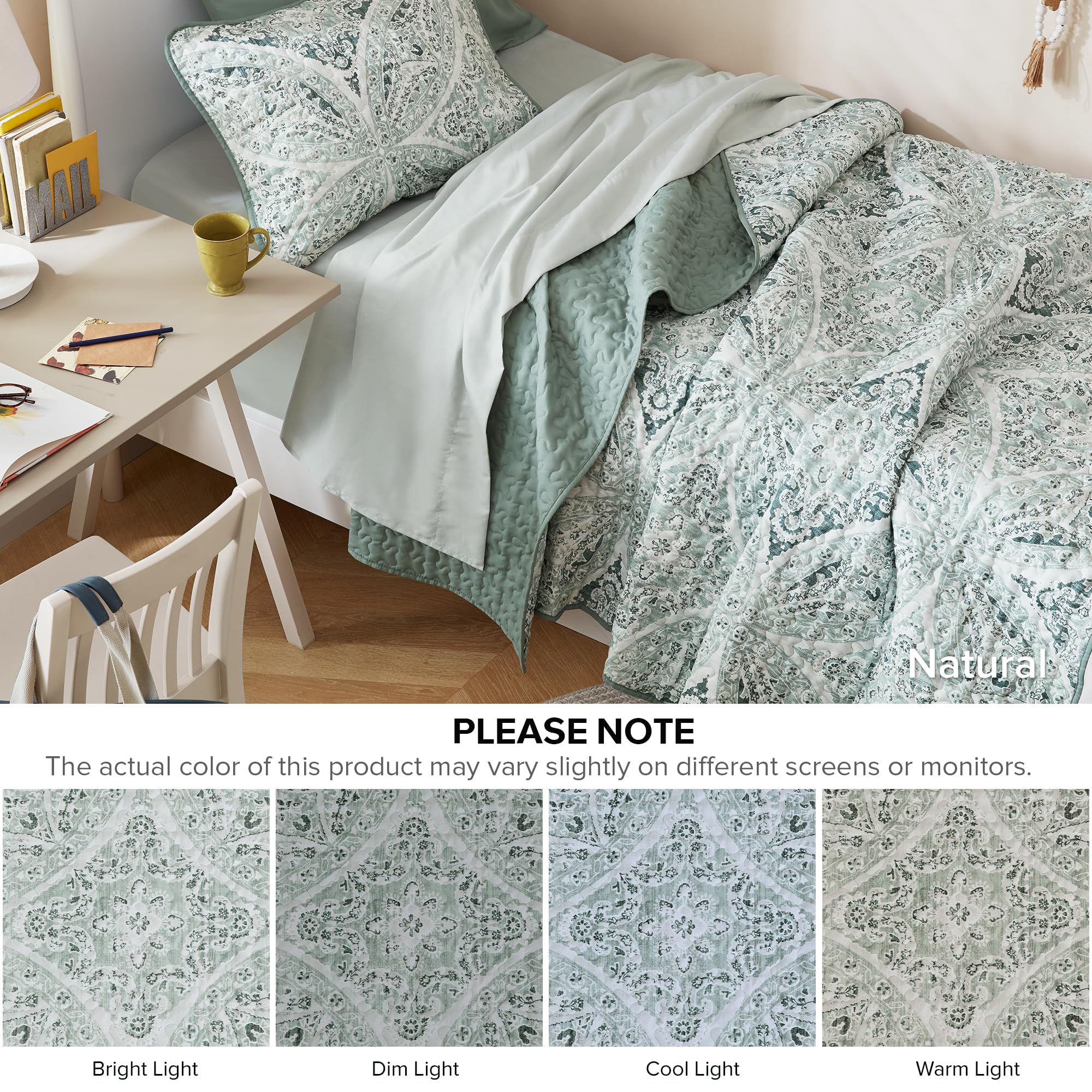 Comfort Spaces Gloria quilt edge binding demonstrates durability for daily use.