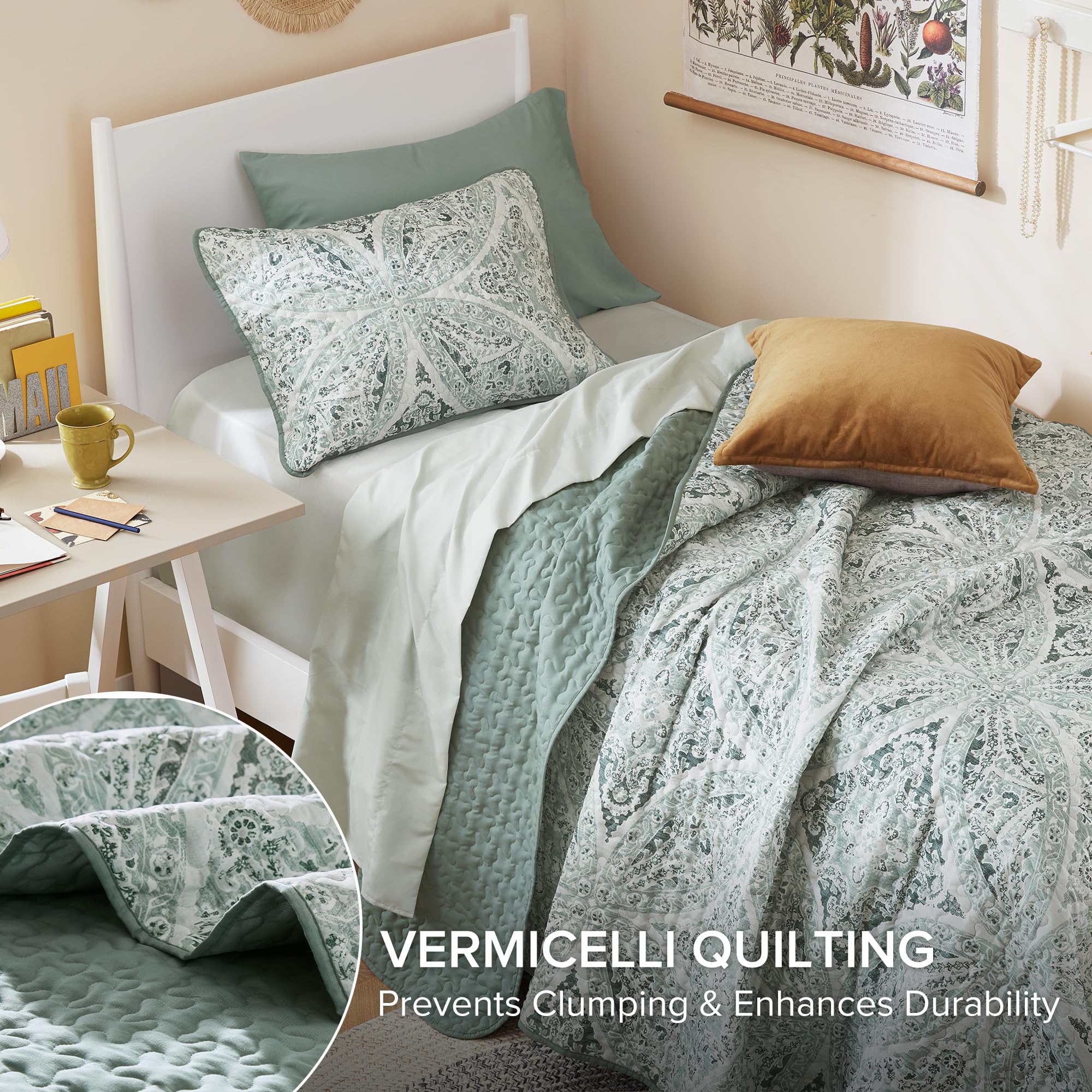 Comfort Spaces Gloria quilt reversible medallion detail highlighting durable binding and versatile styling.